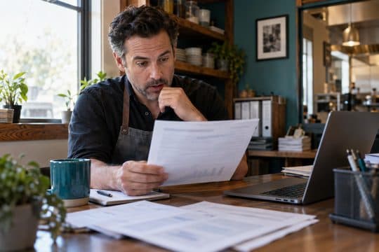 An owner reading payroll reports in the back office