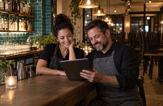 An owner and a server reading an estimate on a tablet